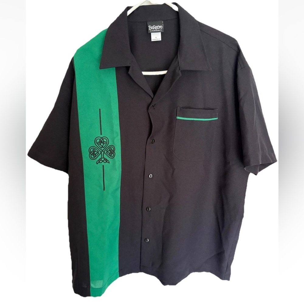 Be Retro Men’s Bowling Shirt Black Green Button Down Embroidered Size XL NWT